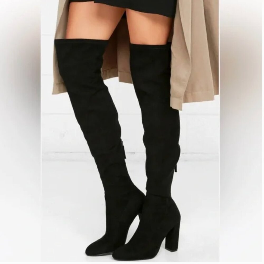Steve Madden Emotions Over The Knee Boots Black Suede Block Heel OTK Size 9.5